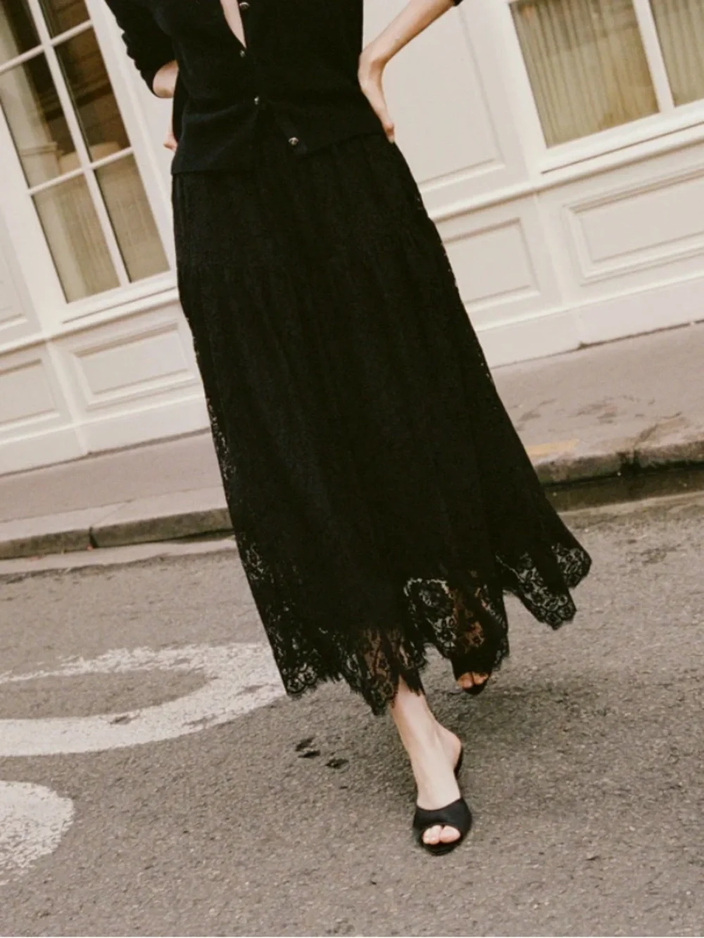 Doen Sebastiane Lace Cotton A Line Trim Tiered Midi Maxi Long Skirt Black